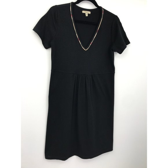 Burberry Babydoll  Plaid Trim V-Neck Dress Cotton Stretch Black Size Large - Picture 2 of 7
